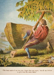 O barco, feito de uma árvore, era maior que qualquer canoa; mas todos os meus dispositivos para entrar na água falharam. &39;, ilustração de&39; Robinson Crusoe &39;por Daniel Defoe (1660-1731) c.1860s (cromolitho)